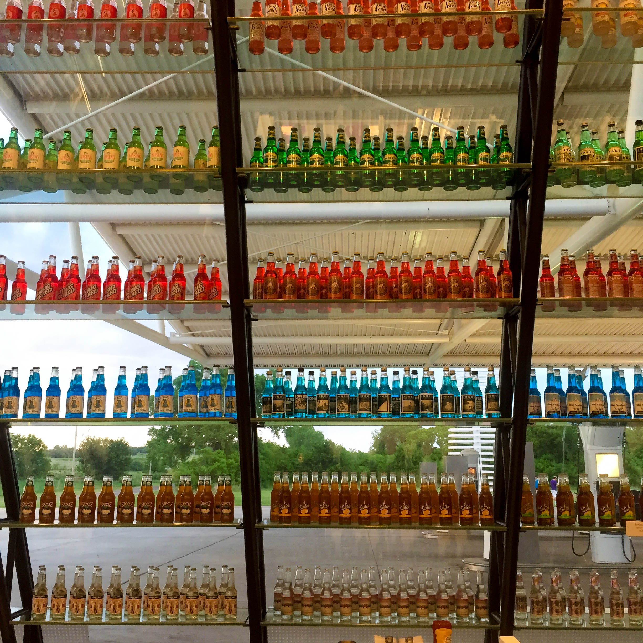 glass shelves filled with old fashioned soda bottles