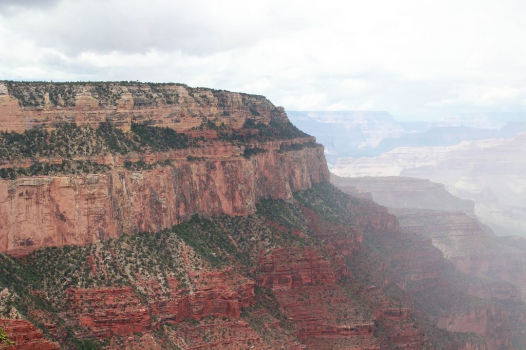 The walls of the Grand Canyon in fog