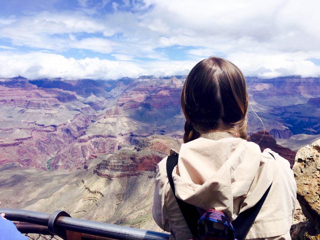 the back of a Addie's head looking out over the Grand Canyon at Mather Point