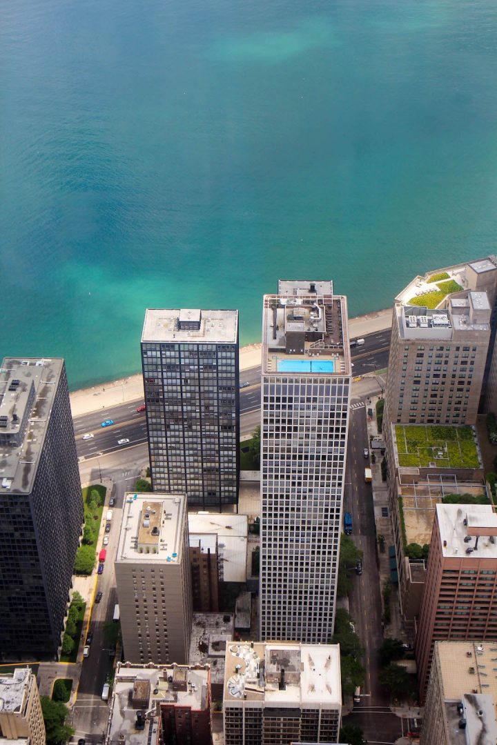 Looking down at Lake Michigan from the John Hancock Tower Observatory in Chicago