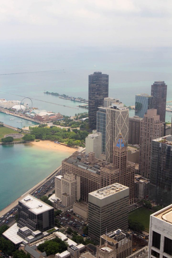 A cityscape of Chicago from the John Hancock Tower Observatory