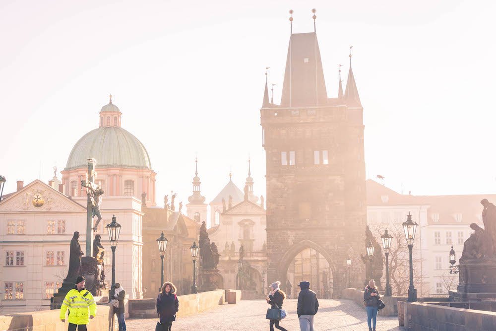 The Charles Bridge early in the morning, with barely any people on it.