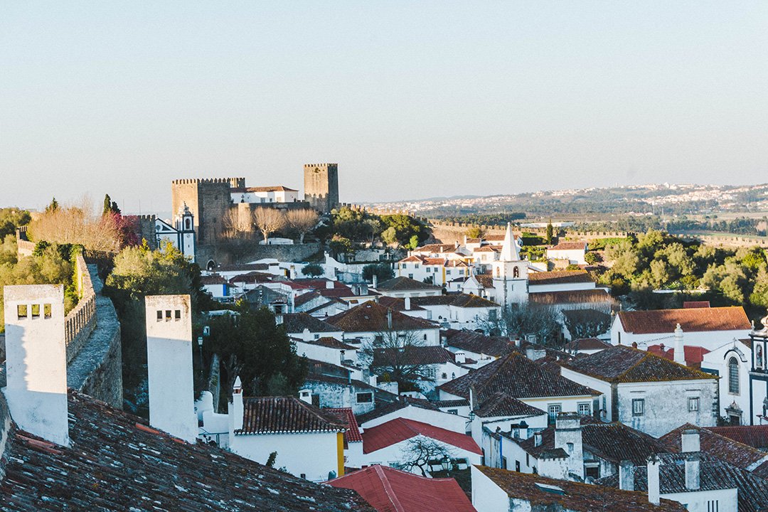 The view from the walls in Obidos, Portugal at golden hour