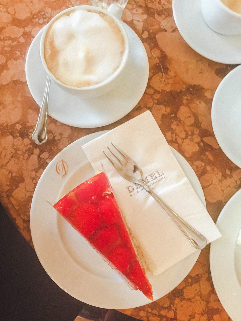 Strawberry cake and a melange coffee at DEMEL in Vienna, Austria