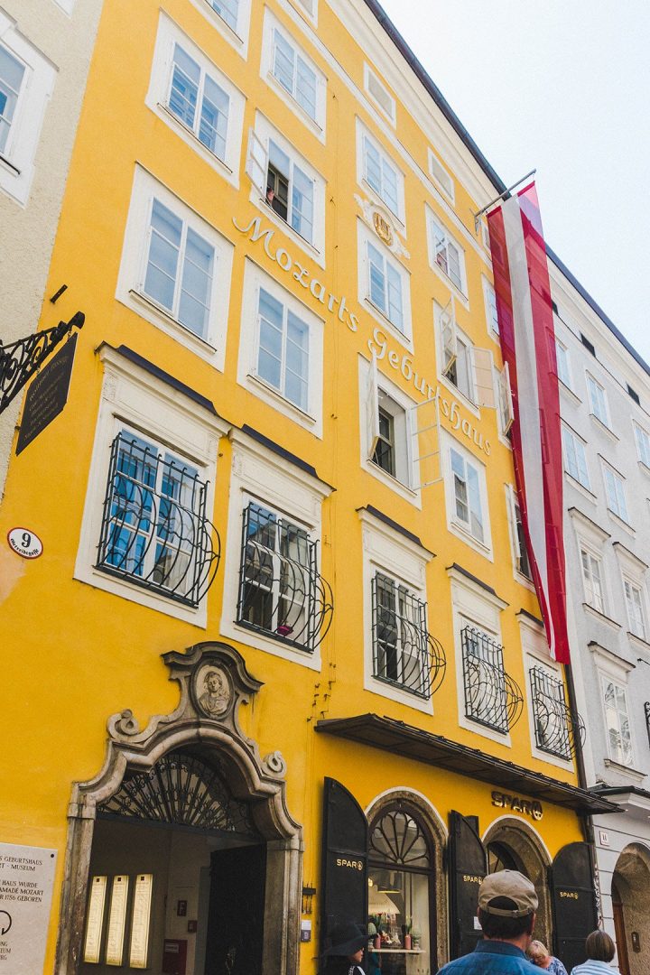 Mozart's birthplace in Salzburg, Austria -- a bright yellow building