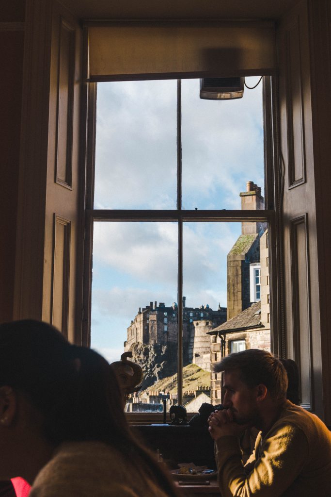 Looking out the window at Elephant House Cafe towards Edinburgh Castle