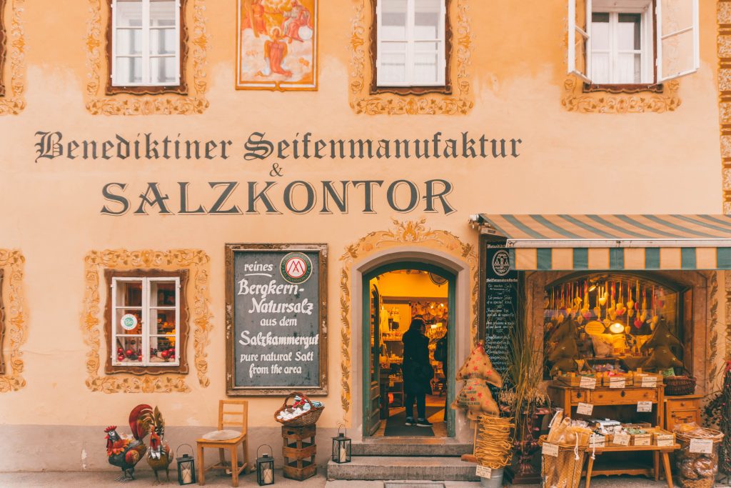 Salzkontor shop window -- a yellow building with soap for sale outside