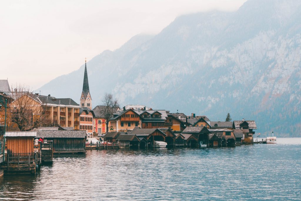 Hallstatt town curving out around the lake