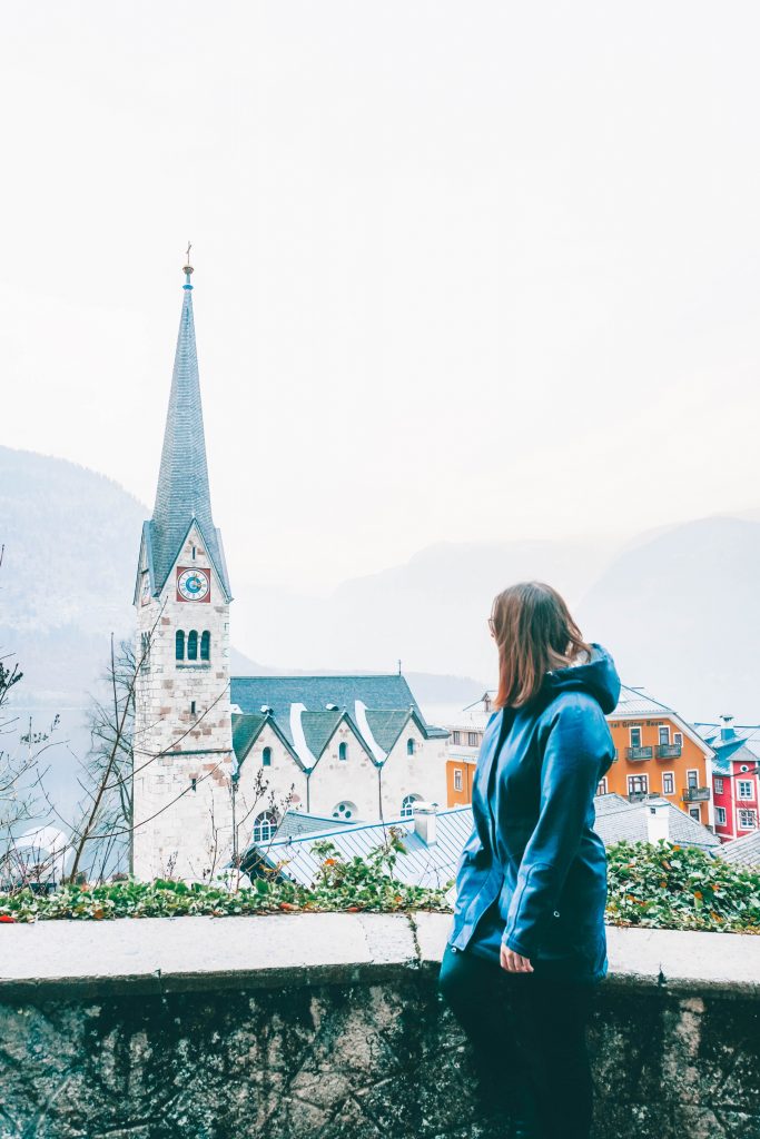 Addie looking out at the Hallstatt church