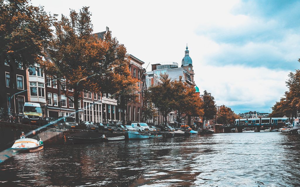 A canal in Amsterdam, Netherlands, Europe in the fall
