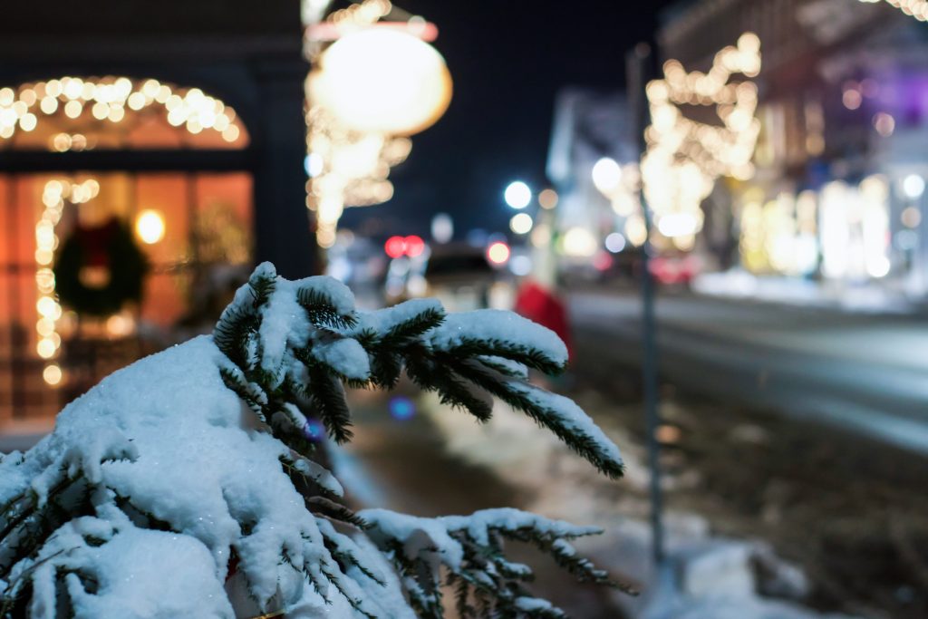 a snow-laden branch on a street with christmas lights in vermont