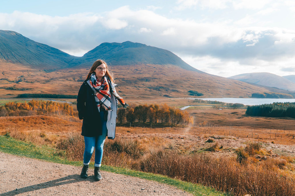 addie standing in front of the rolling hills of Rannoch Moor