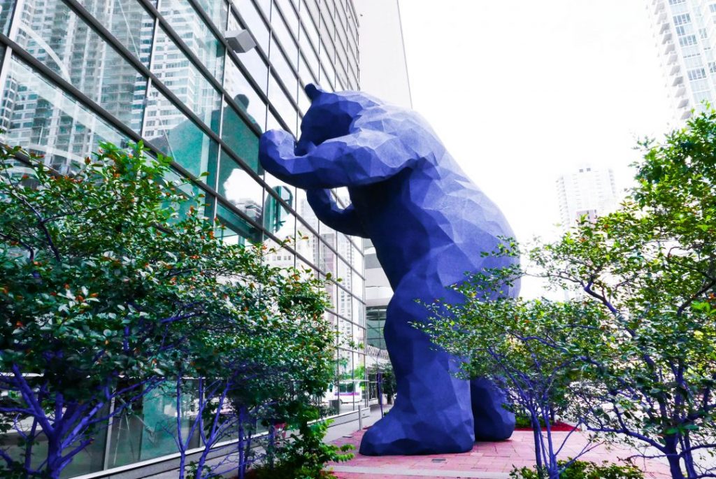 a giant blue bear street art in denver