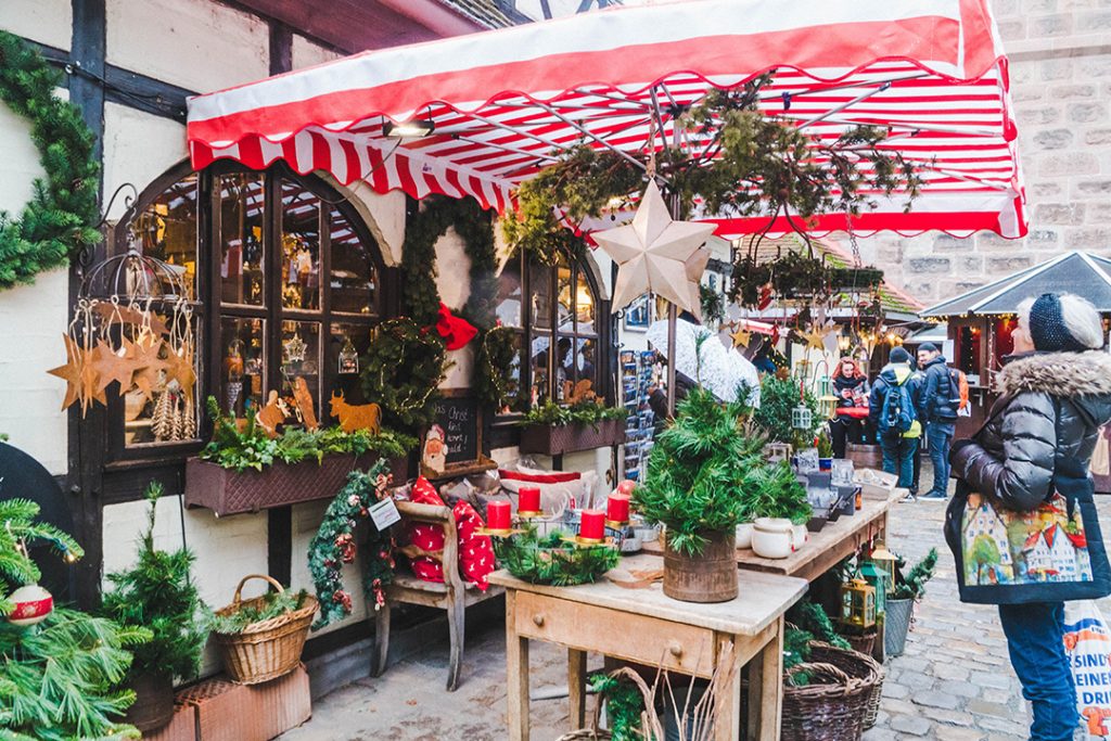 a christmas set up outside of one of the stores in the handwerkerhof