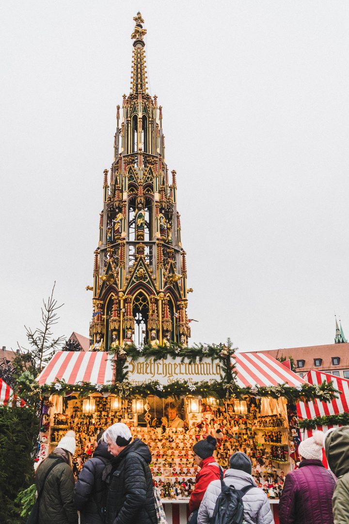 schöner brunnen (beautiful fountain) and a christmas market stand in Nuremberg