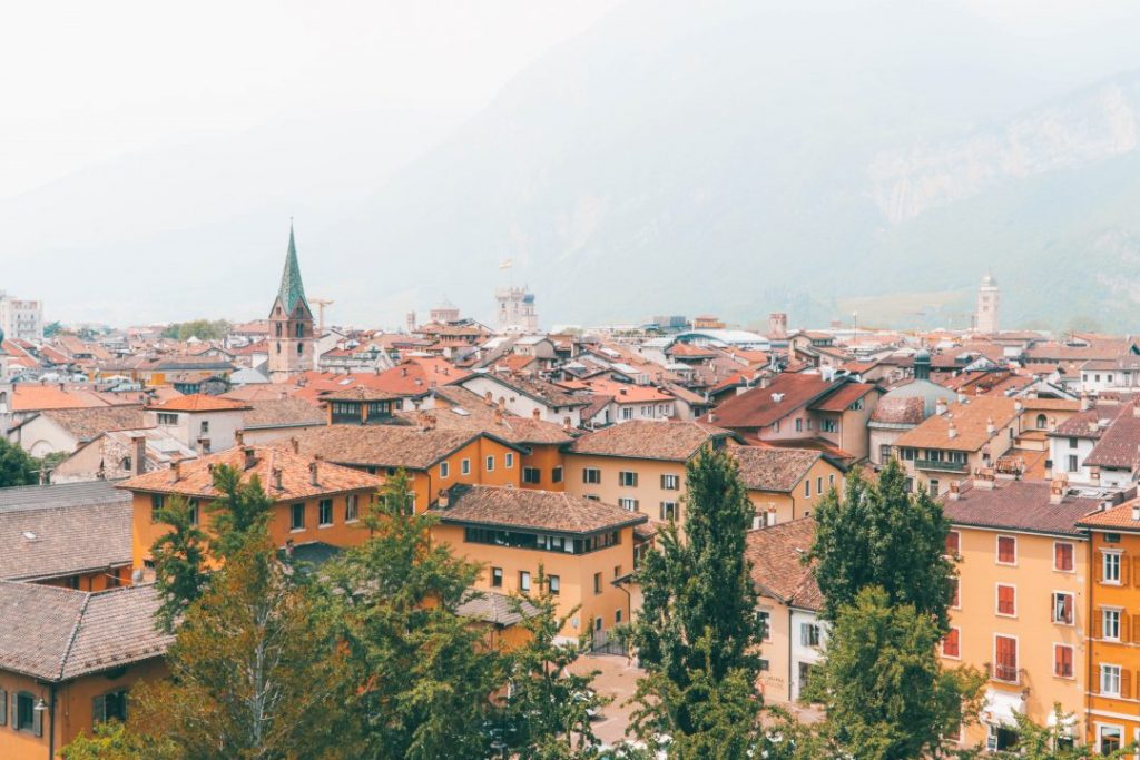 a birds-eye view of trento, italy, one of the best solo female travel destinations