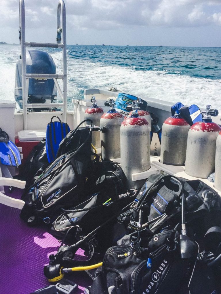 bcds and scuba tanks lined up at the back of a dive boat