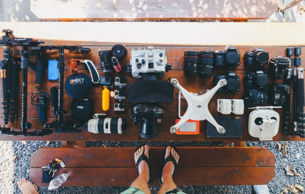 an overhead shot of a ridiculous amount of camera gear