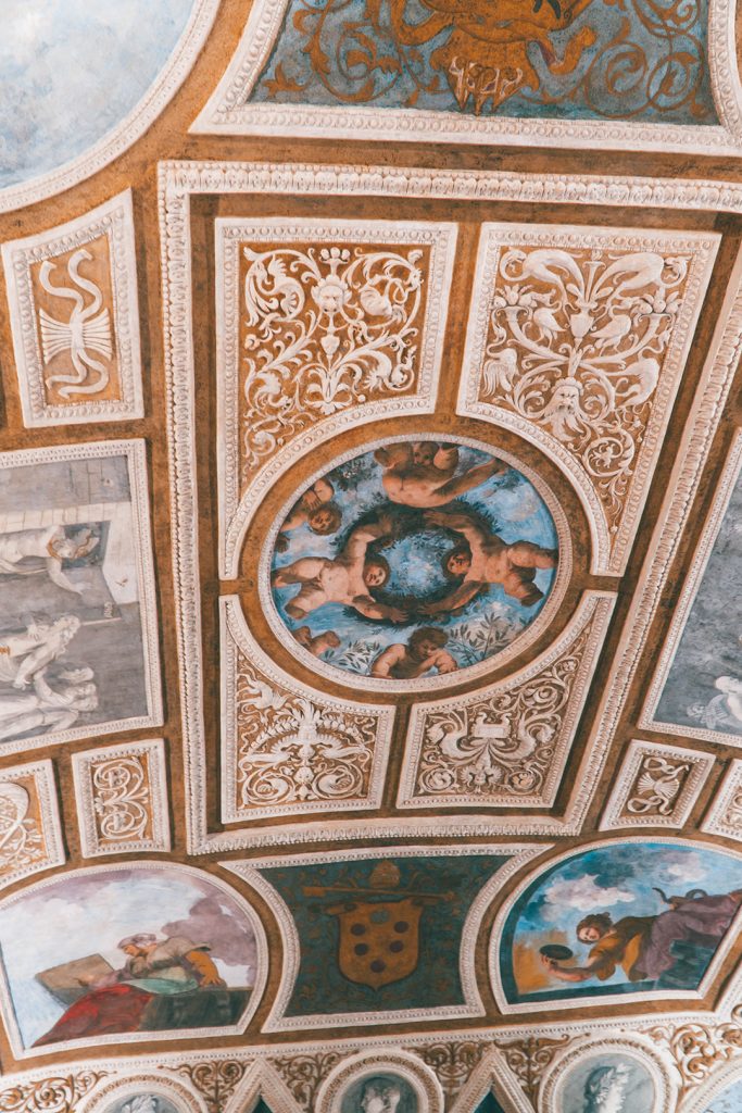 a painted ceiling in Buonconsiglio Castle, a must when you visit Trentino