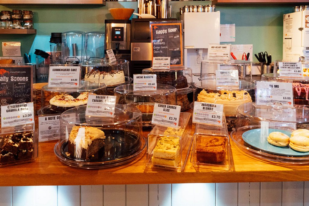 a counter full of cake