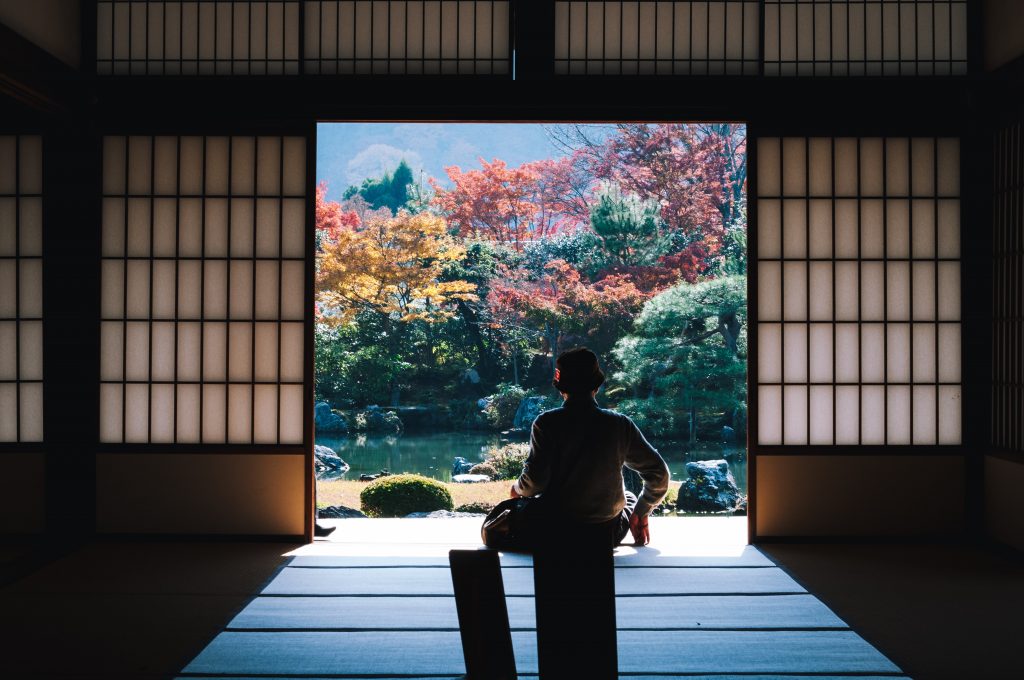 a man silhouetted in a traditional japanese house
