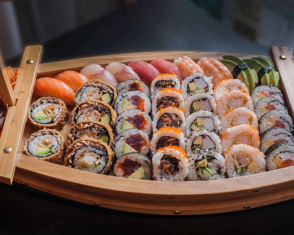 a huge boat of sushi