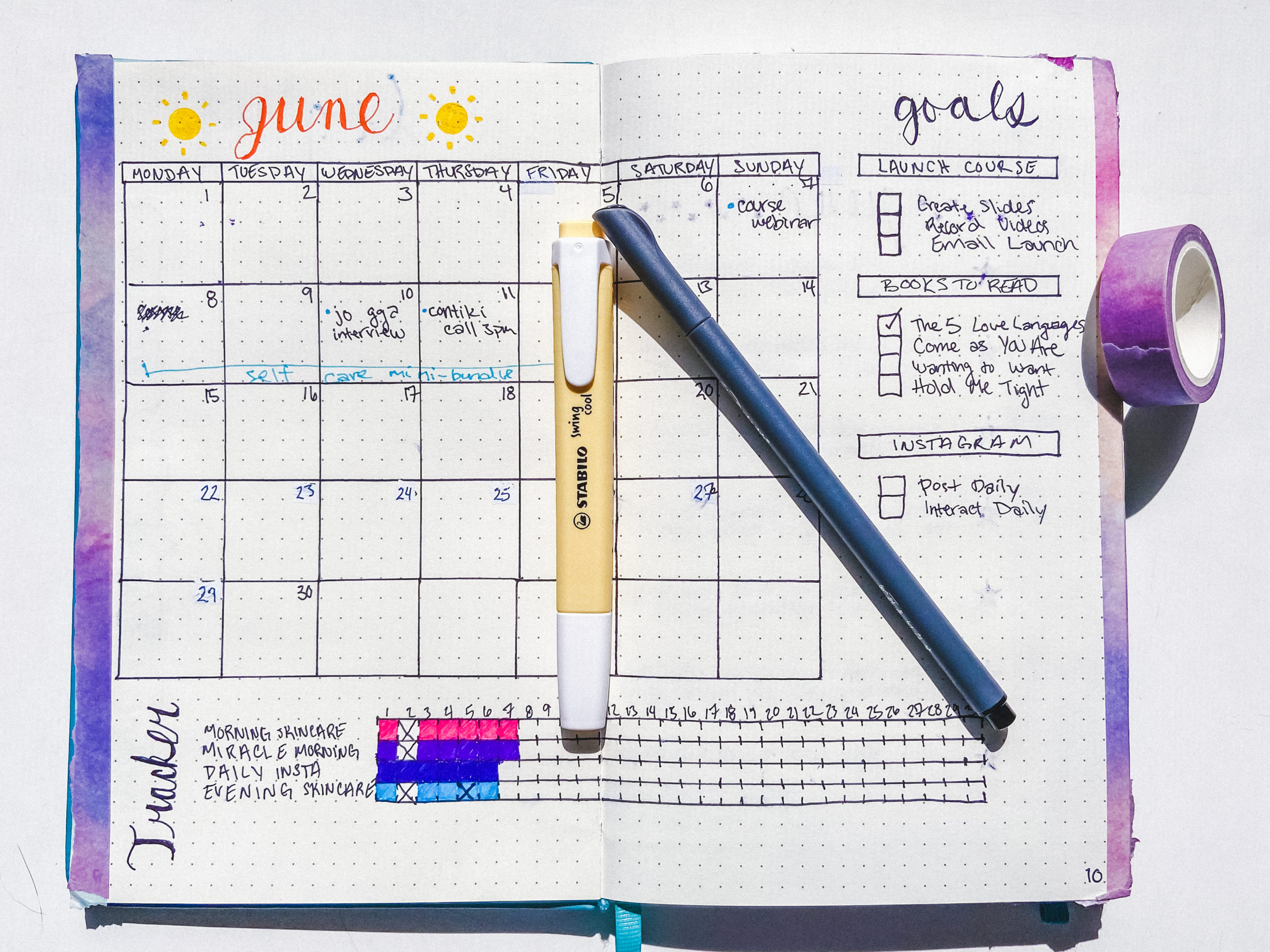 a june calendar in a bullet journal